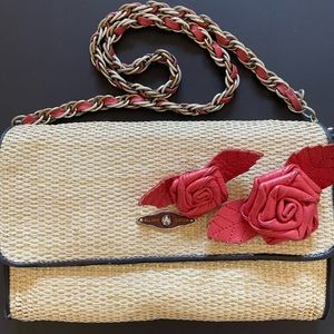 Beautiful Woven Straw Purse with Leather Roses